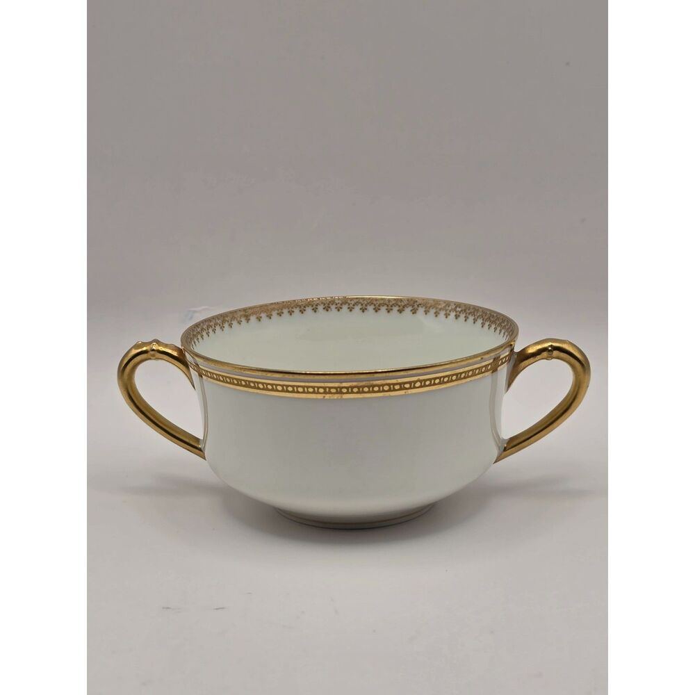 Haviland Limoges France Creme Soup Porcelain Cup Golden Rim Two Handles Vintage